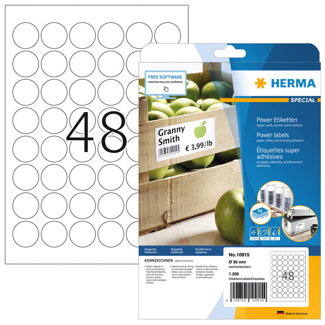 HERMA - Etiquette Power 10915 ronde 30mm blanc 1200 pièces