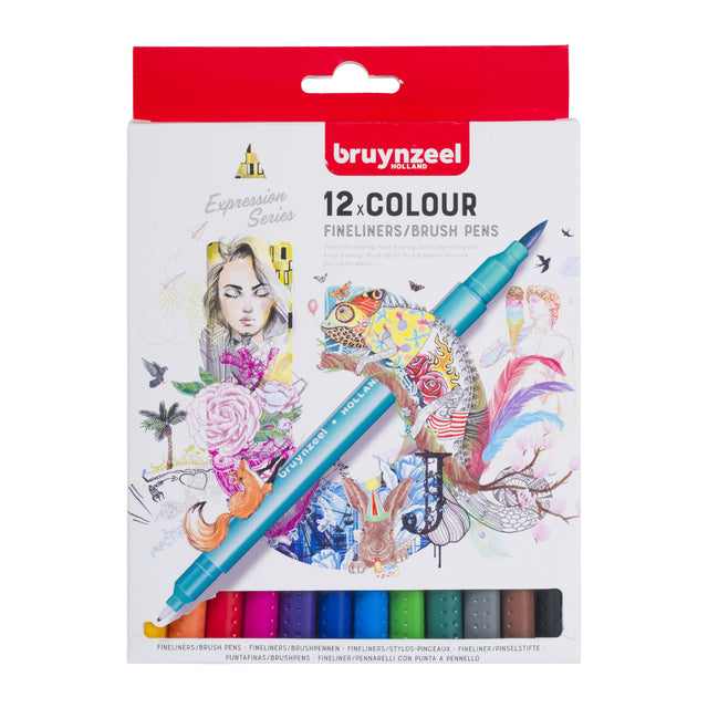 Bruynzeel - Fineliner Brush Pen Bruynzeel Set 12 couleurs | 6 pièces