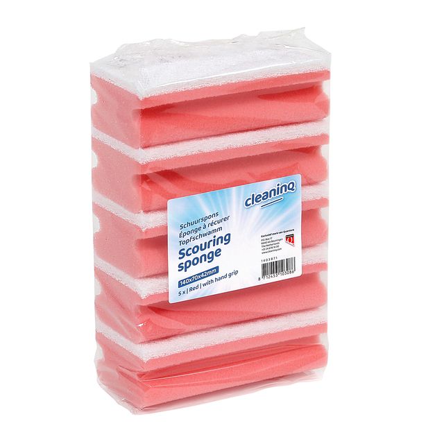 Cleaninq - Éponge à récurer avec manche 140x70x42mm rouge/blanc 5 pièces