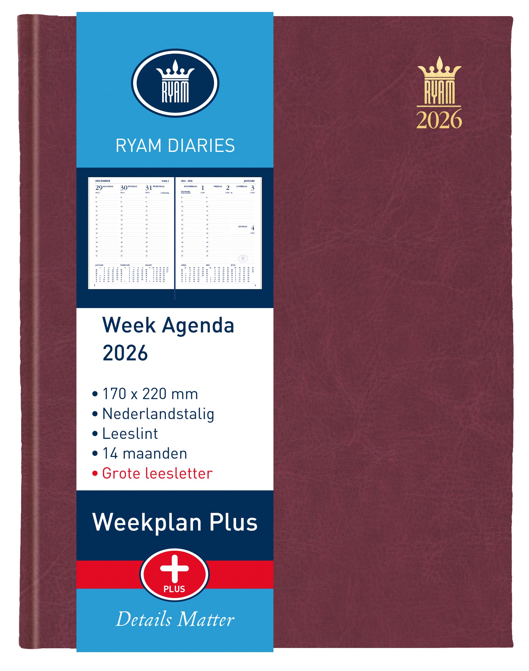 Ryam - Agenda 2026 plan hebdomadaire grande lettre 7j/2p cul