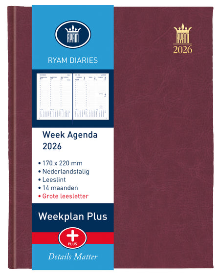 Ryam - Agenda 2026 plan hebdomadaire grande lettre 7j/2p cul