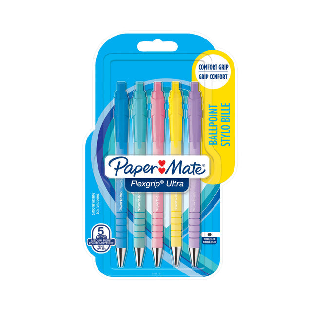 Paper Mate - balpen Flexgrip tel RT, medium, zwarte inkt, blister van 5 stuks, assorti