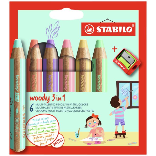 Stabilo -  Kleurpotloden 880 woody inclusief puntenslijper pastel assorti etui à 6 stuks