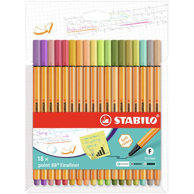 STABILO - point 88 fineliner, kartonnen etui van 18 stuks in geassorteerde zachte kleuren