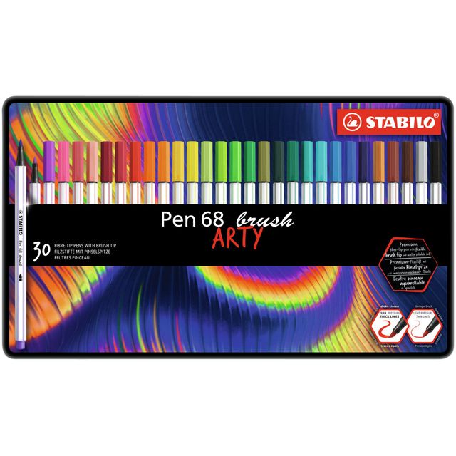 Stabilo -  Pen 68 brush, premium brush viltstift, ARTY metalen etui met 30 kleuren