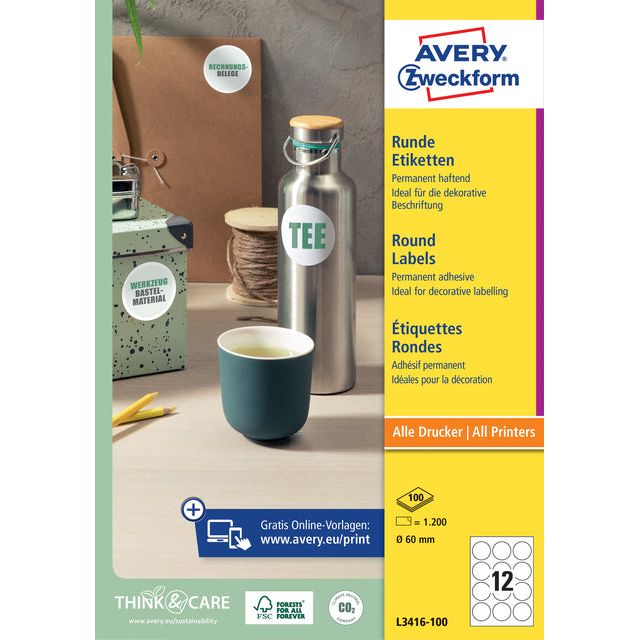 Avery Zweckform - Etiket avery zweckform l3416 rond 60mm wit 1200st | 5 stuks