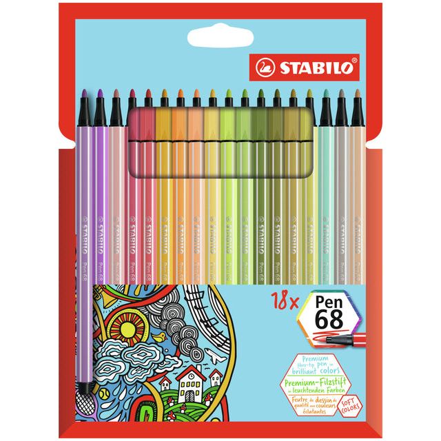 STABILO - Pen 68 viltstift, kartonnen etui van 18 stuks in geassorteerde zachte kleuren