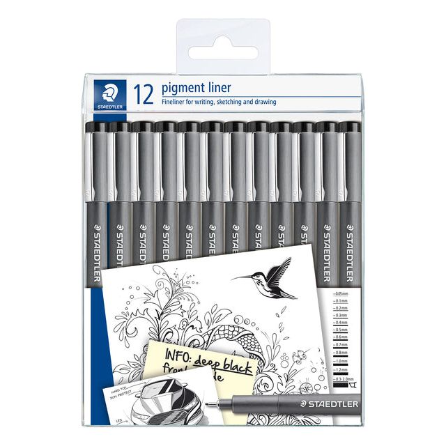 Staedtler - pigment liner fineliner, verschillende schrijfbreedtes, set van 12 stuks, zwart