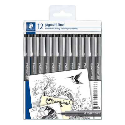 Staedtler - Fineliner Pigment 308 schwarz Set mit 12 Breiten | 10 Stück