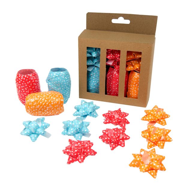 IG design - Ruban à friser et noeud rouge/orange/bleu 12 pièces