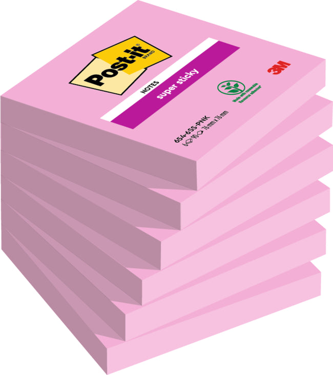 Post-it - Bloc-notes 654 Super Sticky 76x76mm rose 90 feuilles