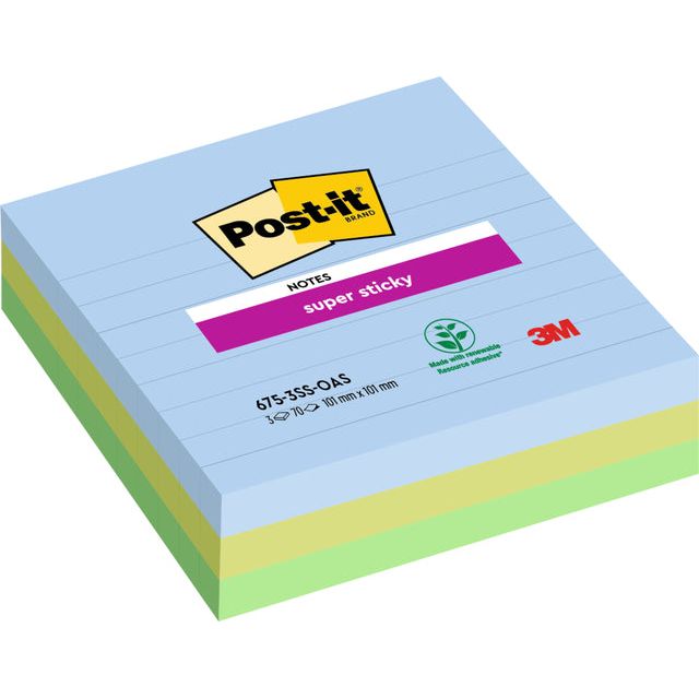 Post -it - Super Sticky Notes xl Oasis, 70 feuilles, ft 101 x 101 mm, doublé, assorti, pack de 3 blocs