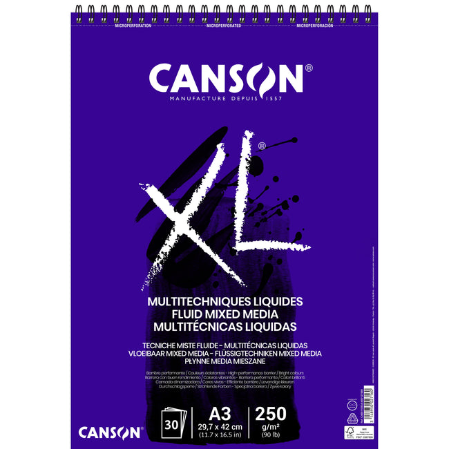 Canson - Mixed-Media-Papier XL Fluid Mixed Media 30 Blatt 250gr A3 extra weiß | 5 Stück