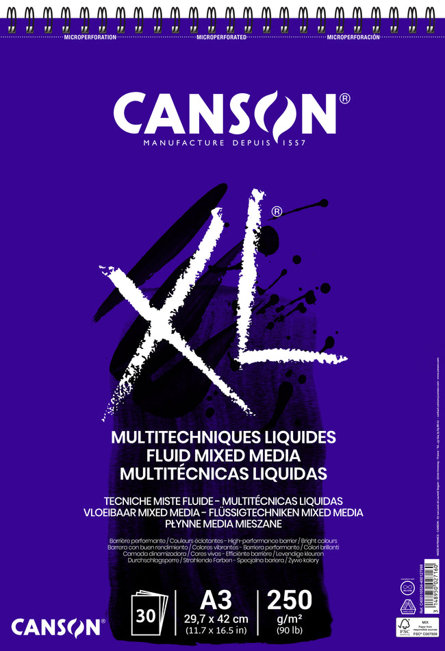 Canson - Papier mixte XL Fluid Mixed Media 30 feuilles 250gr A3 extra blanc | 5 pièces