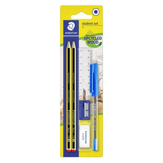 Staedtler -  Schrijfset inhoud 2 Noris potloden HB en balpen gum slijper en liniaal 6 stuks
