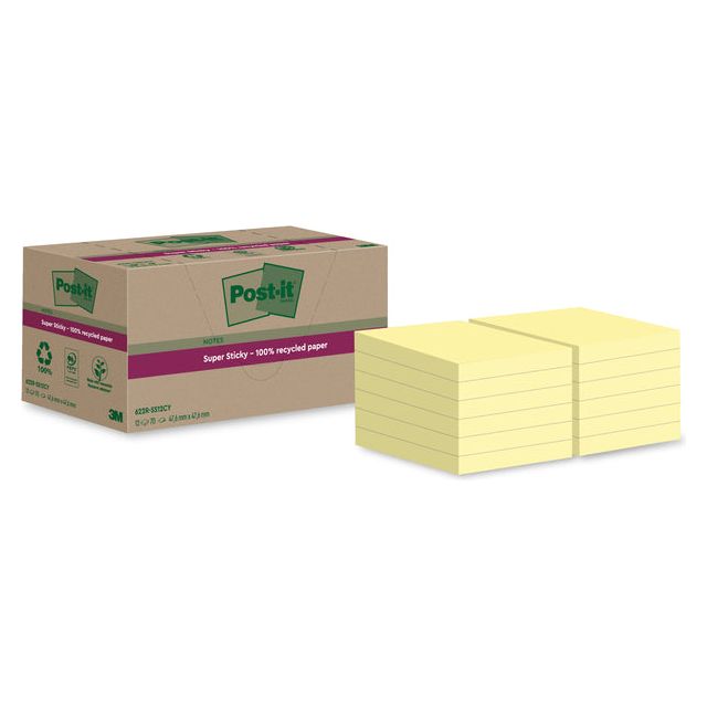 Post -it - Notes super collantes recyclées, 70 feuilles, ft 47,6 x 47,6 mm, jaune, paquet de 12 blocs