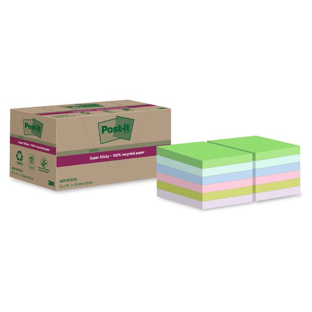 Post -it - Super Sticky Notes recycelt, 70 Vel, ft 47,6 x 47,6 mm, Assorti, Packung mit 12 Blöcken