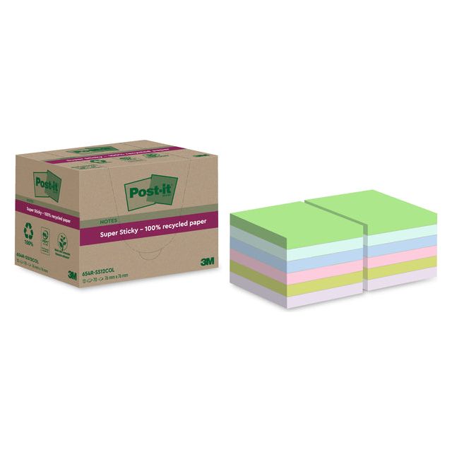 Post -it - Super Sticky Notes recycelt, 70 Vel, ft 76 x 76 mm, Assorti, Packung mit 12 Blöcken