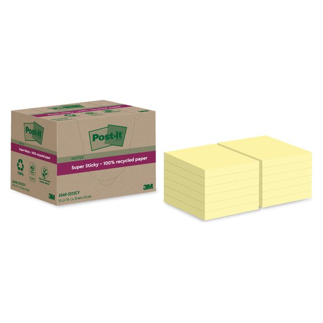 Post -it - Super Sticky Notes recycelt, 70 Vel, ft 76 x 76 mm, Gelb, Packung mit 12 Blöcken