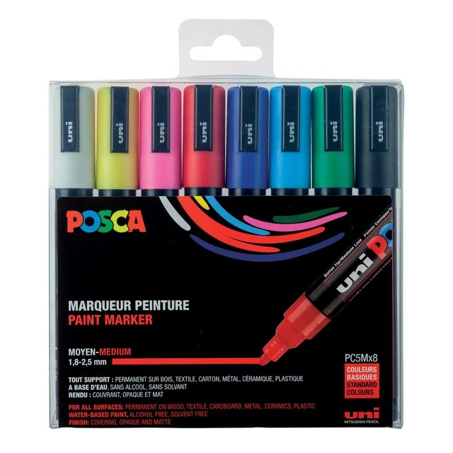 Posca - Marqueur peinture Uni PC-5M, 1,8 2,5 mm, étui de 8 pièces en couleurs de base