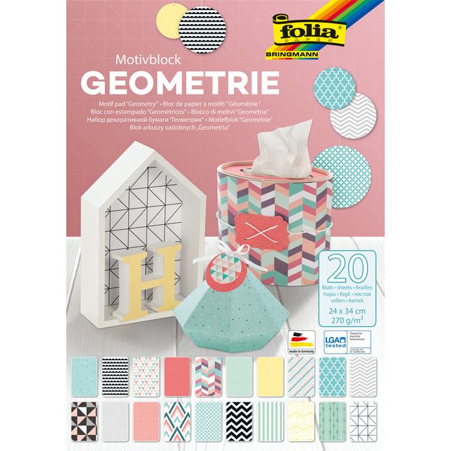 Folia Paper - Bloc de papier Folia Géométrie 24x34cm 270gr 20 feuilles assorties | 5 pièces