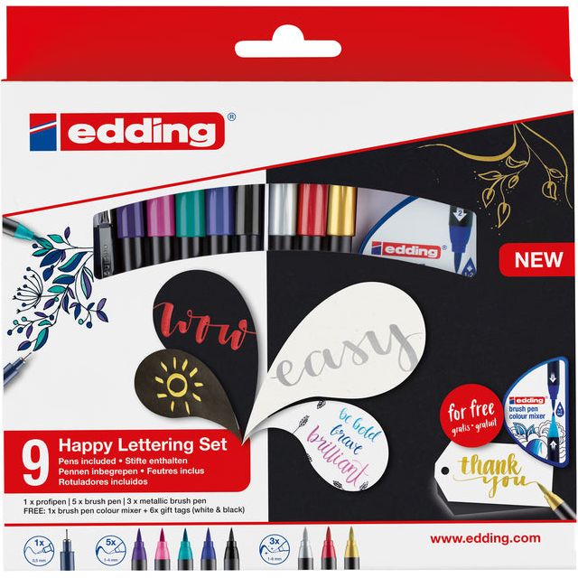 Edding - Happy Lettering Pinselpen, Assorti, Set von 9 Teilen