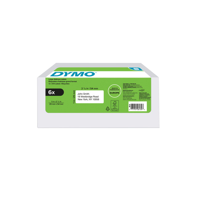 Dymo - Étiquette LabelWriter adressant 25x54mm 6 rouleaux de 500 pièces blanc