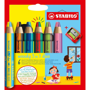 Stabilo -  woody 3 in 1 duo, multifunctioneel kleurpotlood met tweekleurige punt, 6 stuks in kartonnen etui + puntenslijper