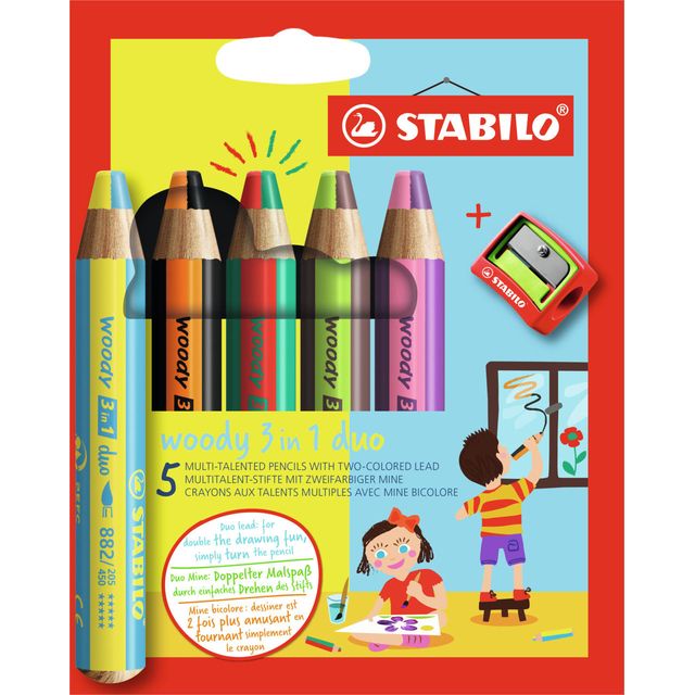 STABILO - Crayons de couleur 882 woody duo 3 en 1 comprenant taille-crayon étui assorti 5 pièces
