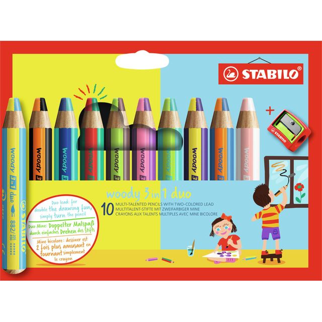 Stabilo -  woody 3 in 1 duo, multifunctioneel kleurpotlood met tweekleurige punt- 10 stuks in kartonnen etui + puntenslijper