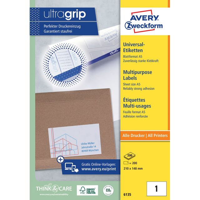 Avery Zweckform - universele A5 etiketten Ft 210 x 148 mm (b x h), wit, doos van 200 etiketten