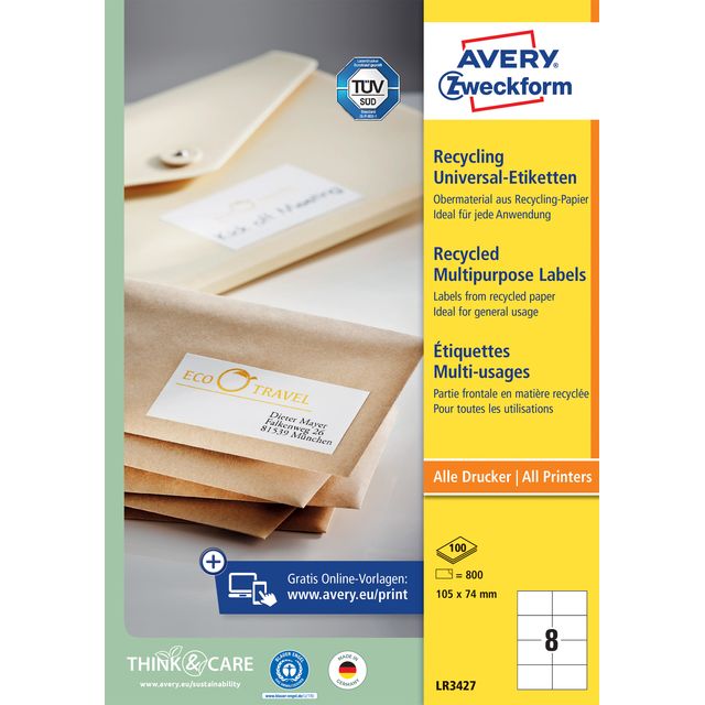 Avery Zweckform - Étiquette Zweckform LR3427-100 105x74mm blanc recyclé 800 pièces