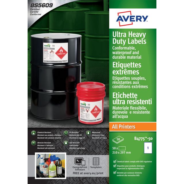 Avery - Etikett B4775-50 210x297mm Polyethylen weiß 50 Etiketten
