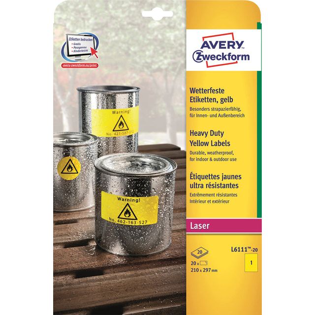 Avery Zweckform - Label Avery L6111-20 210x297mm jaune 20 pièces