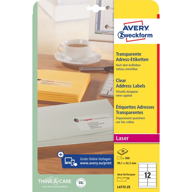 Avery - Étiquette Zweckform L4772-25 99,1x42,3 mm transparent mat 300 pièces