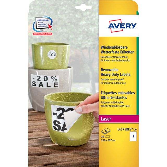Avery -  Etiket L4775REV-20 210x297mm wit 20 etiketten