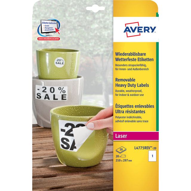 Avery - afneembare weerbestendige etiketten ft 210 x 297 mm (b x h), wit, doos van 20 etiketten