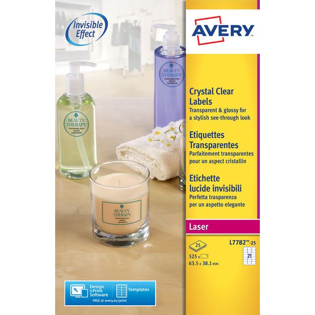 Avery Zweckform - transparente Kristall -Clear -Etiketten ft 63,5 x 38,1 mm, 525 Etiketten, 21 pro Blatt