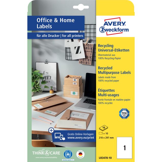 Avery Zweckform - Étiquette Zweckform LR3478-10 210x297mm blanc recyclé 10 pièces