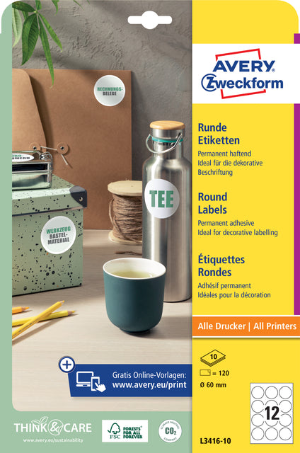 Avery Zweckform - Étiquette Zweckform L3416-10 ronde 60mm blanc 120 pièces