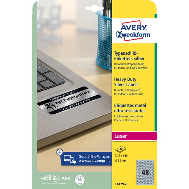 Avery Zweckform -  Etiket avery l6129-20 rond 30mm zilver 960st