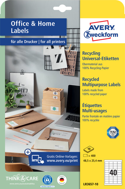 Avery -  Etiket Zweckform LR3657-10 48.5x25.4mm recycled wit 400 stuks