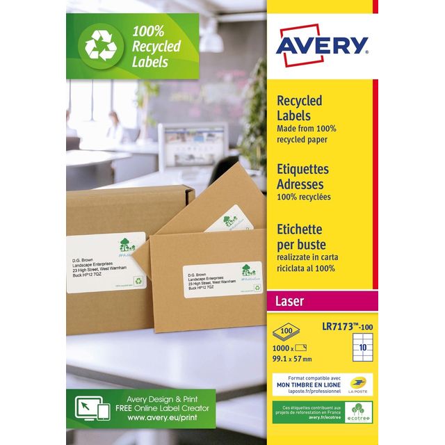 Avery - Étiquette LR7173-100 99,1x57mm blanc recyclé 1000 étiquettes | 5 pièces