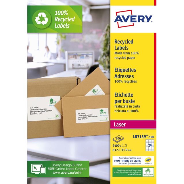 Avery - Étiquette LR7159-100 63,5x33,9mm blanc recyclé 2400 étiquettes | 5 pièces