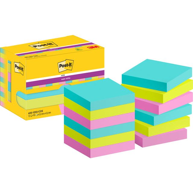 Post-it - Post-It Super Sticky Notes Cosmic, 90 vel, ft 47,6 x 47,6 mm, pak van 12 blokken