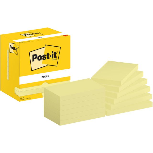 Post-it - Post-It Notes, 100 vel, ft 76 x 127 mm, geel, pak van 12 blokken