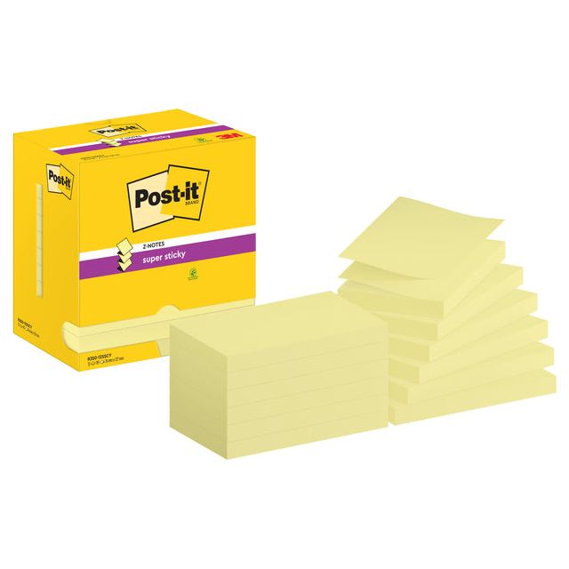 Post-it-post-it super klebry z-notes, 90 Blatt, ft 76 x 127 mm, Gelb, Packung mit 12 Blöcken