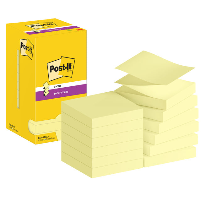 Post-it-post-it super klebry z-notes, 90 Blatt, ft 76 x 76 mm, gelb, packung mit 12 blocks