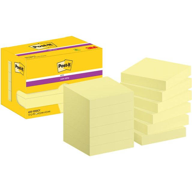 Post-it-Post-it Super Sticky Notes, 90 feuilles, ft 47,6 x 47,6 mm, jaune, paquet de 12 blocs