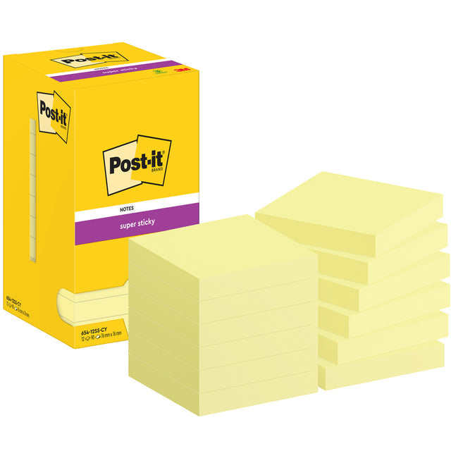 Post-it-Post-it Super Sticky Notes, 90 feuilles, FT 76 x 76 mm, jaune, paquet de 12 blocs